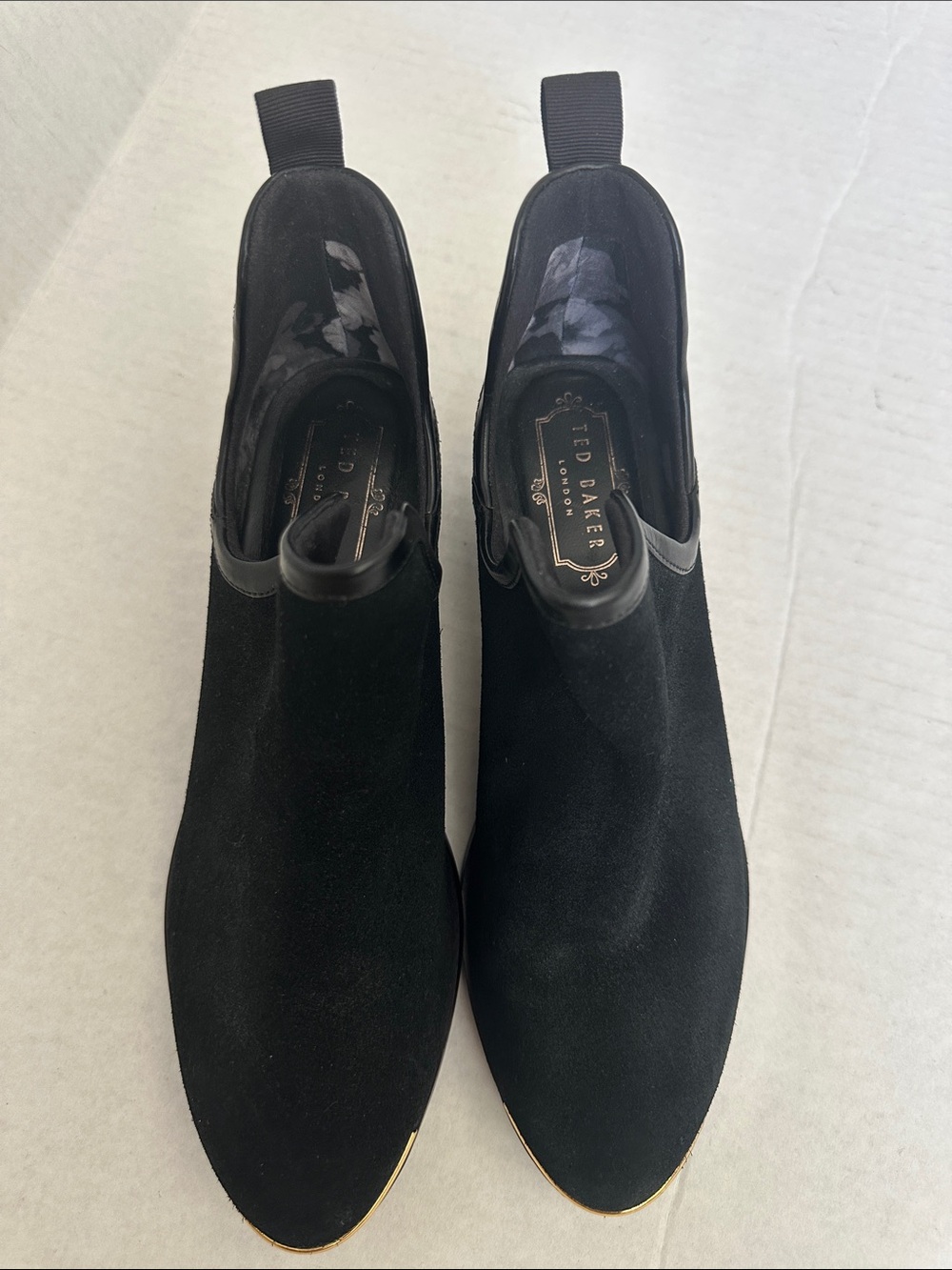 TED BAKER NWOT Black Suede Chelsea Booties with Gold Toe Accent - SZ 36.5=6.5 US